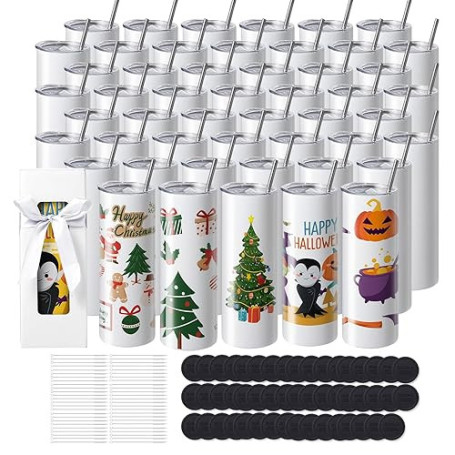 VEVOR Gobelets Thermos à Sublimation de 59 cL, 50PCs, Fins et Droits, Bouteille Sublimable en Acier Inoxydable, Vierges, à Doubl