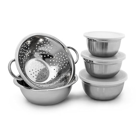 Relaxdays 10019118 Lot de 5 pièces empilables 3 bols en acier inoxydable avec couvercle 1 saladier 1 Passoire Inox mélanger cons