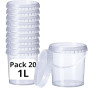 GROWMANIA Lot de 20 seaux en plastique transparent avec poignée 1 l – Boîte de rangement hermétique pour aliments, liquides et p