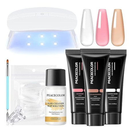 PEACECOLOR Poly Extension Gel Kit 3 * 16ml Poly Nail Extension Gel Kit Rose Blanc Nude avec Lampe UV et Slip Solution, Gel d'Ext