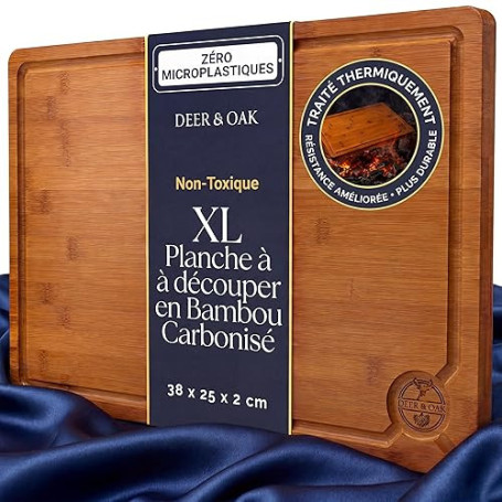 Deer & Oak Planche à découper XL en bambou carbonisé 38 x 25 x 2 cm, planche en bois pré-huilée pour couper viande, poisson, lég