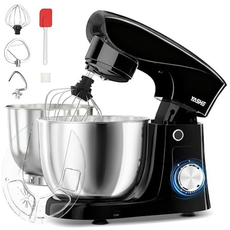 YASHE Robot Pâtissier 1500W, 4,5L + 5L Deux Bols en Acier Inoxydable, 10+P Vitesses, Tête Inclinable, Crochet à Pâte, Batteur &