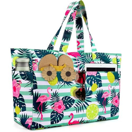 ISEYOU Grand Sac de Plage XXL Imperméable avec Fermeture Éclair, Sac Plage Pliable et Léger, Sacs de Plage Femmes Multi-Poches d