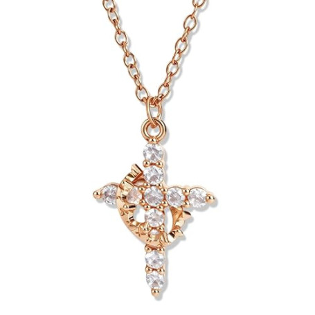 ZWWOGE Collier Croix avec Couronne Femme Plaqué Or Rose, Collier Chrétien Pendentif Zirconium Brillant Réglable, Bijoux Religieu