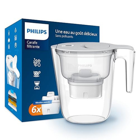 Philips Water Carafe filtrante avec 6 cartouches de remplacement, minuterie électronique, débit rapide, filtre le CHLORE, le CAL