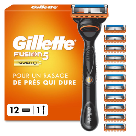 Gillette Rasoir Homme Fusion 5 Power, avec 1 Cartouche, Noir – Manche Réutilisable, Tête de Rechange à 5 Lames en Acier Inoxydab