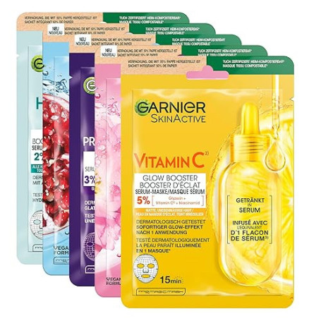 Garnier SkinActive Lot de 5 masques en tissu pour le visage, hydratant, rafraîchissant, revitalisant, lissant, doux et éclatant