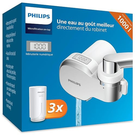 Philips Water Filtre à eau MICROFILTRATION avec affichage numérique, 3 cartouches, filtre SÉDIMENTS, CHLORE et autres impuretés,