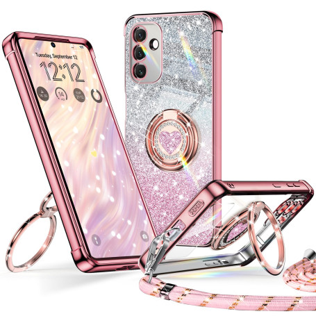 XYZ Coque pour Samsung Galaxy A54 5G Con Cordon, Mignonne et Luxueuse, Double Anneau Motif Cœur d'amour pour Femmes et Filles, P