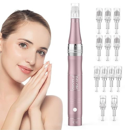 PELCAS Microneedling pour Visage, Stylo Beauté Microneedling avec 12 Cartouches & 3 Vitesses - Soin Visage/Cou/Contour des Yeux,