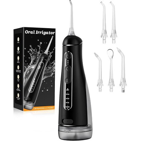 Jet Dentaire Hydropulseur Portable, Hydropulseurs et Irrigateurs 5 Modes 20 Niveaux & 3 Intensités, Réservoir 300ml à Fond Détac