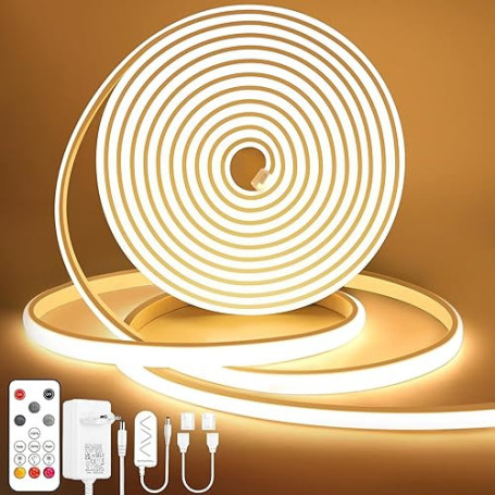 Lamomo Ruban LED COB, Blanc chaud 5M Bandeau Led avec télécommande, IP65 étanche, Flexible, 3000K, Largeur 10mm, Dimmable, Silic
