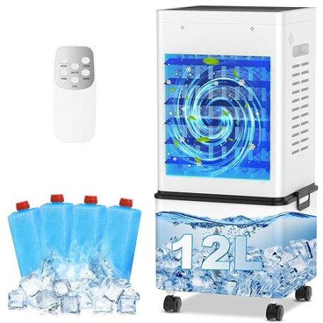 Climatiseur Mobile, 12 L Refroidisseur d'Air Évaporatif avec Télécommande, 6 Vitesses et 2 Modes, Minuterie 24H, 4 Boîtes des Gl