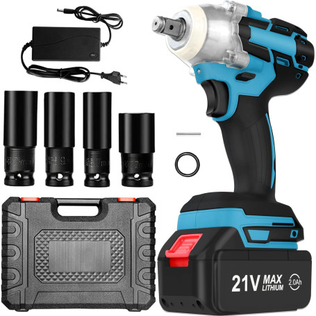 Clé à Chocs électriques,320 N·m Clé à Chocs Sans Fil Brushless avec 2.0Ah Batterie 21V 4 Douilles à Chocs (17 mm/19 mm/21 mm/22 