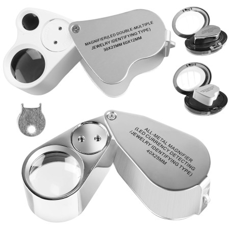 Lot de 2 loupes de bijouterie 30 x 40 x 60 x avec lumière noire LED et UV - Loupe de poche avec lumière pour pierres précieuses,