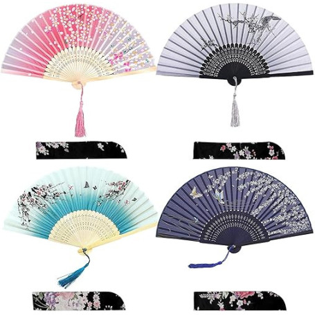 iZoeL 4 pièces de fans Eventail Japonais Pliant Ventilateur Bois Tissus Poche Demoiselles Cadeaux Mariage Decorer Danse Fête - P