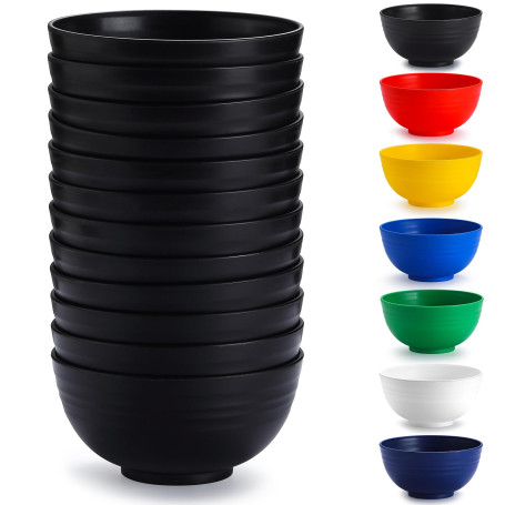 Berglander Bols en plastique noir Set 12 pièces 750ml, bol de ramen réutilisable, bols à soupe, bol de céréales pour adulte, enf