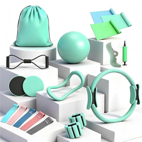 Kit Pilates Maison Complet, Anneau de Pilate 14 Pouces, Ballon Pilate, Poids Poignet et Poids Cheville réglables, Bande Élastiqu