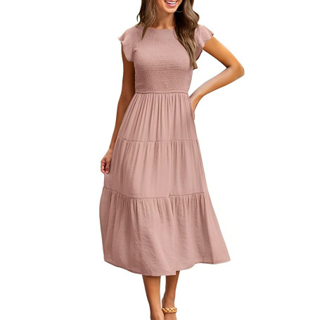 CMTOP Robe Ete Femme Robe Longue Chic et Elegant Manches à Volants Col Rond Robes au Genou Taille Élastique Décontractée Robe de