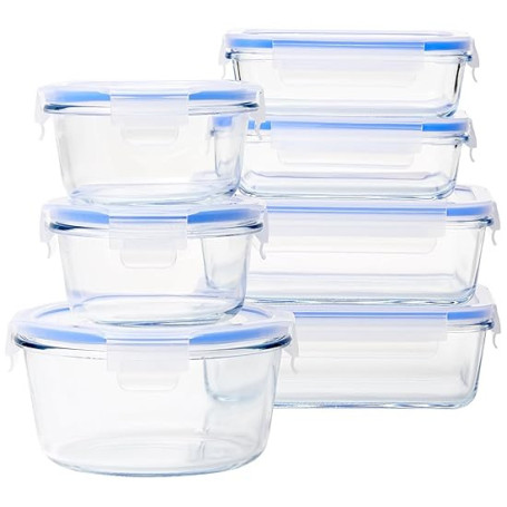 Amazon Basics Couvercles Verrouillables en Verre Étanches, Récipients de Conservation des Aliments, Ensemble de 14 Pièces, 7 Bas