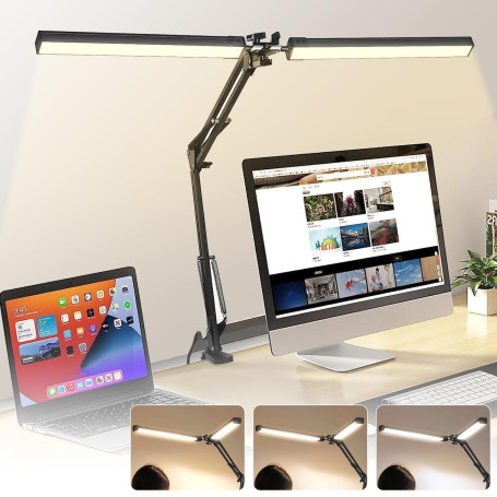 Lampe de Bureau LED à Double Tête, Lampe à Pince Pliable Respectueuse des Yeux, 3 Ttempératures de 10 Niveaux Couleur et Intensi