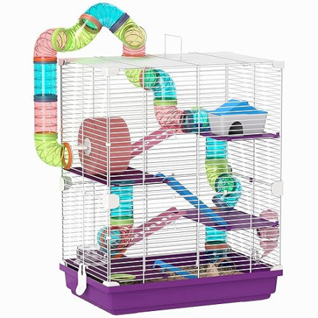 PawHut Cage pour Hamster Rongeur 4 étages avec Tunnels mangeoire Roue Maison échelles dim. 46L x 30l x 58H cm Violet