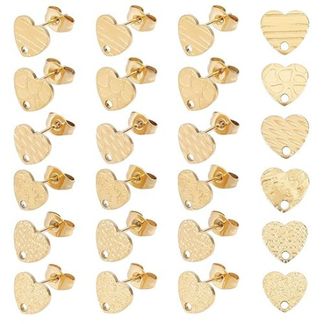 UNICRAFTALE 24pcs Forme Coeur Doré Placage sous Vide Résultats Boucle Oreille 304 Clous Oreille en Acier Inoxydable avec Écrous