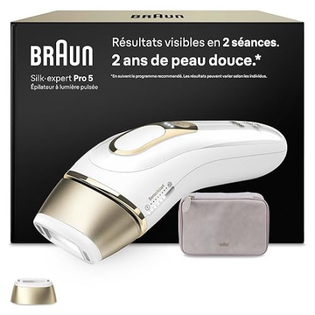 Braun Epilateur Lumiere Pulsee Silk·expert Pro 5 PL5100, Blanc et Or – Alternative au Laser à Domicile, Filaire, avec Pochette,