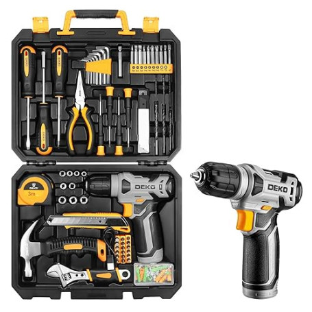 DEKO Caisse a Outil avec Perceuse Visseuse Multifonction Sans Fil 8V, 126 Pièces Malette Outils complete, Ensemble d'Outils avec