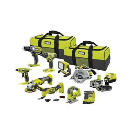 Pack RYOBI Combo 9 outils: perceuse-visseuse, visseuse à chocs, scie sauteuse, scie circulaire, meuleuse, ponceuse, outil multif