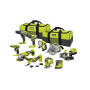 Pack RYOBI Combo 9 outils: perceuse-visseuse, visseuse à chocs, scie sauteuse, scie circulaire, meuleuse, ponceuse, outil multif