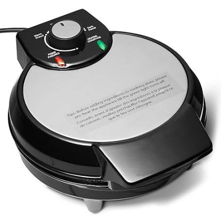 Amazon Basics Gaufrier pour Gaufres Belges avec Plaque Antiadhésive Ronde en Céramique de 20cm, Contrôle de la Dorure, Noir