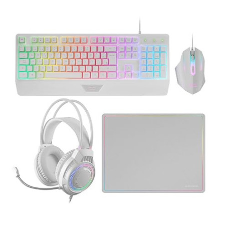 Mars Gaming MCP124PRO, Français, Combo Gaming 4en1, Clavier RGB H-Mech avec Repose-Poignets, Souris RGB 3200DPI et Switches HUAN