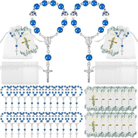 Lot de 96 chapelets de baptême pour invités comprenant 32 mini perles de chapelet catholique avec crucifix 32 sacs en organza 32