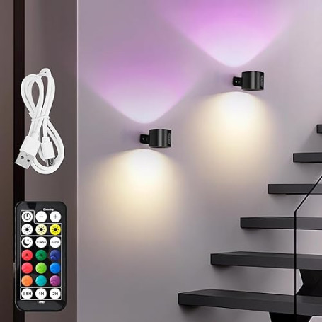 LuminexDesigns Lot de 2 Applique murale intérieure LED sans fil – rechargeable RGB Lampe murale Noir à pile avec télécommande ou