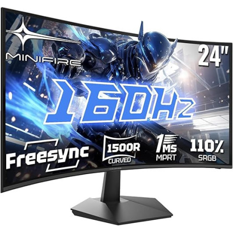 Minifire Ecran PC Gamer Incurvé 24 Pouces -160Hz, FHD 1920x1080, 1ms MPRT, 110% sRGB, 1500R, Pied en métal, Adaptive Sync VESA 1