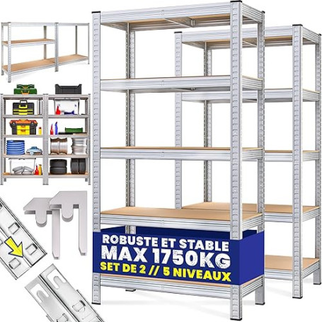 Monzana 2X Étagères Charge Lourde 5 Niveaux 180x90x40cm Étagère métallique modulable Max 875kg Rangement Garage Atelier