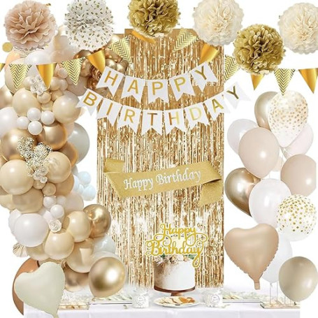 Decoration Anniversaire Décorations Beige Blanc Or Ballons Kit avec Banderole Joyeux Pom Poms Confetti Echarpe Rideau pour Fille