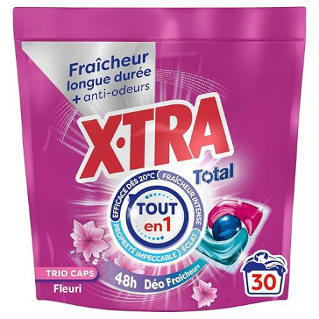 XTRA Total Deo Fraicheur Givre, Lessive en Capsules Tout en 1, 48H Anti Odeurs, Fraicheur Intense, Cycle Court, Eclat et Efficac