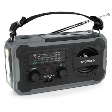 THOMSON Radio Solaire d’Urgence Portable, Survie Dynamo FM/AM, Lampe Torche LED, Alarme SOS, Batterie Rechargeable 4000mAh et Ch