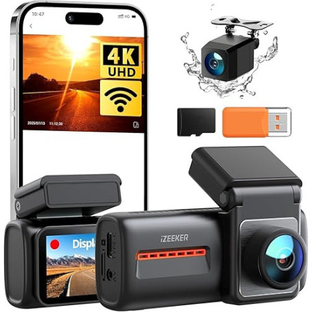iZEEKER 4K Dashcam Voiture Avant Arrière, Wi-Fi 6 Intégré, Carte SD 32G Offerte, Caméra Dual 4K+1080P, Écran IPS 2,99", Contrôle
