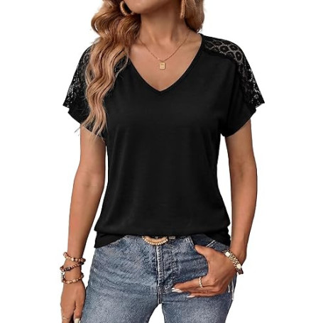 Aottori T Shirt Femme Manches Courtes Col en V Tee Shirt Chic et Élégant Chemisier Été Léger Ample Haut Extensible Motif Ajouré