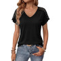 Aottori T Shirt Femme Manches Courtes Col en V Tee Shirt Chic et Élégant Chemisier Été Léger Ample Haut Extensible Motif Ajouré