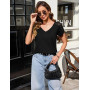 Aottori T Shirt Femme Manches Courtes Col en V Tee Shirt Chic et Élégant Chemisier Été Léger Ample Haut Extensible Motif Ajouré