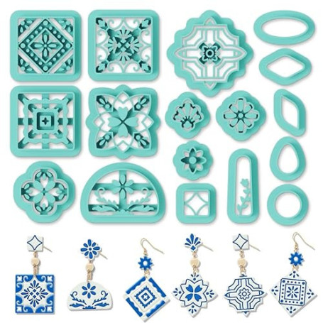 ORIGACH Lot de 17 emporte-pièces en argile polymère avec carreaux portugais Peranakan, cadre de fleurs méditerranéennes et motif