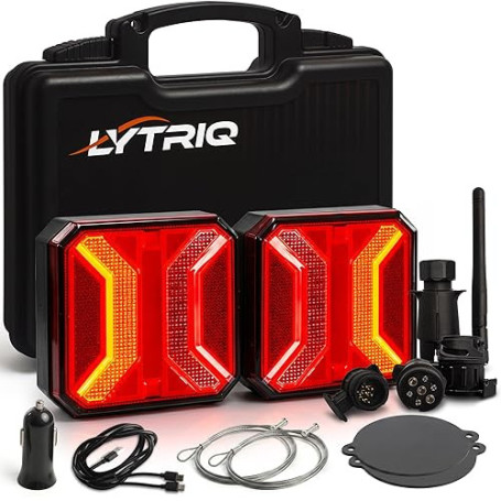 lytriq Feux Remorque Sans Fil LED 5000mAh, Kit Feu Arrière Magnétique Homologué E9, 7/13 Broches, USB-C, Étanche IP67, Tracteur,