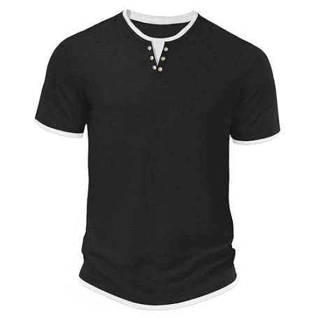 Hisir T-shirt d'été classique pour homme, manches courtes, col rond, style décontracté, avec blocs de couleurs | Henley, col ron