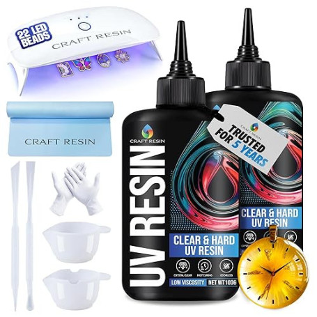 CRAFT RESIN Kit de Résine UV avec Lampe – Grande Lampe 36W à 22 LED et 200g de Résine UV, Cristal Clair et Anti-Jaunissement – K