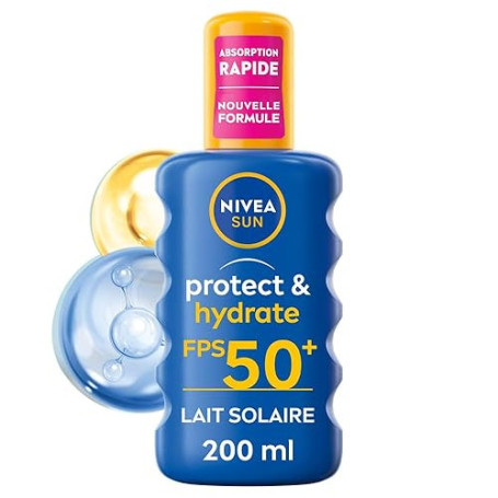 NIVEA SUN - Spray Solaire Protect & Hydrate SPF 50+ - 200 ml - Protection Solaire Résistante à l'Eau Haute Protection Visage et