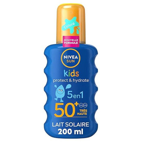 NIVEA SUN Spray Solaire Protect & Hydrate Kids Coloré SPF 50+ 200 ml — Crème Solaire résistante à l'eau — Haute Protection Visag
